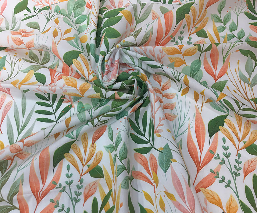 WATERCOLOR LEAF PATTERNED NATURAL COTTON FABRIC - GREEN