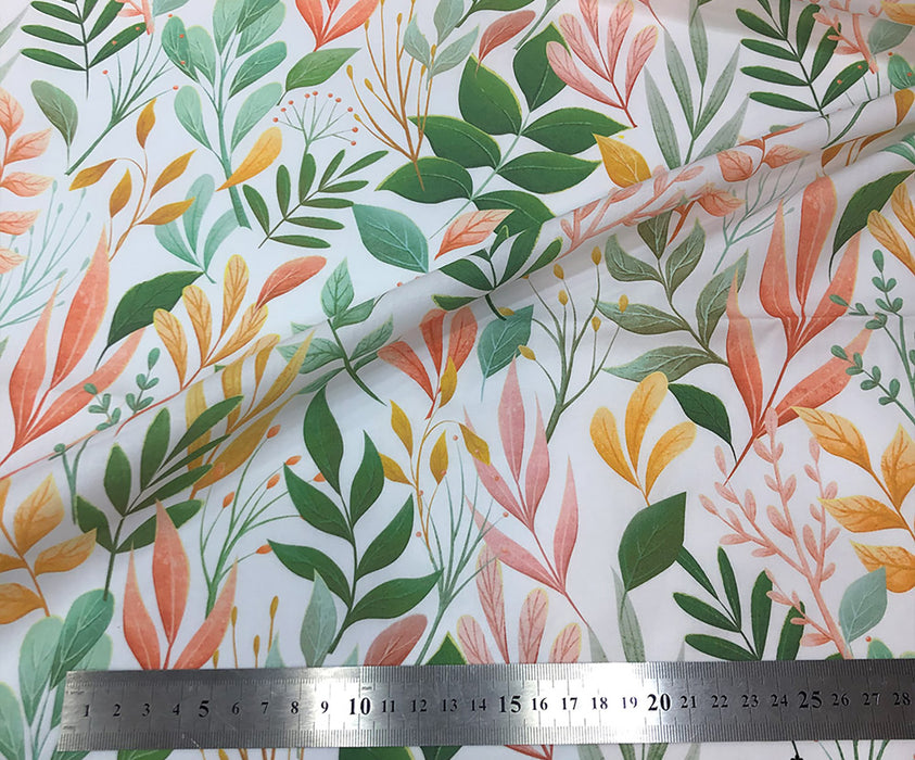 WATERCOLOR LEAF PATTERNED NATURAL COTTON FABRIC - GREEN