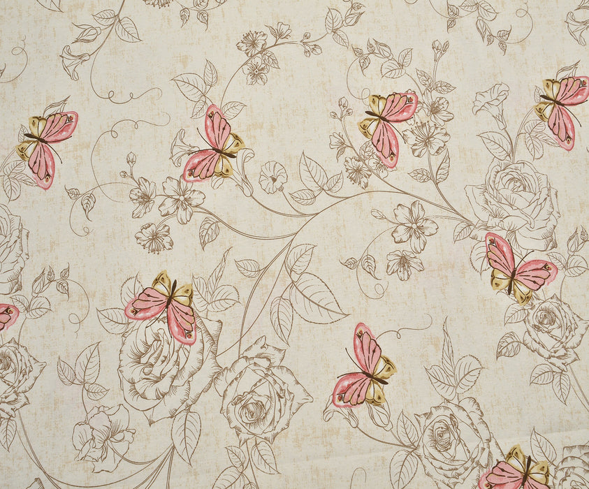 BUTTERFLY ROSES DUCK LINEN FABRIC - PINK