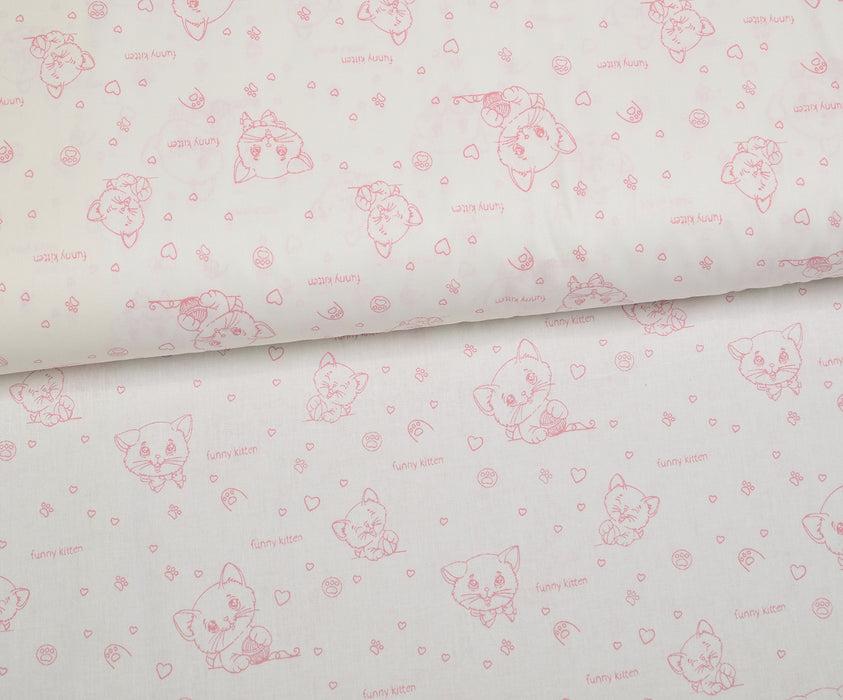 SEVİMLİ KEDİ DESENLİ POPLİN KUMAŞ - PEMBE