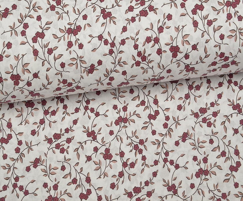 ÇİÇEK DESENLİ POPLİN KUMAŞ - BORDO