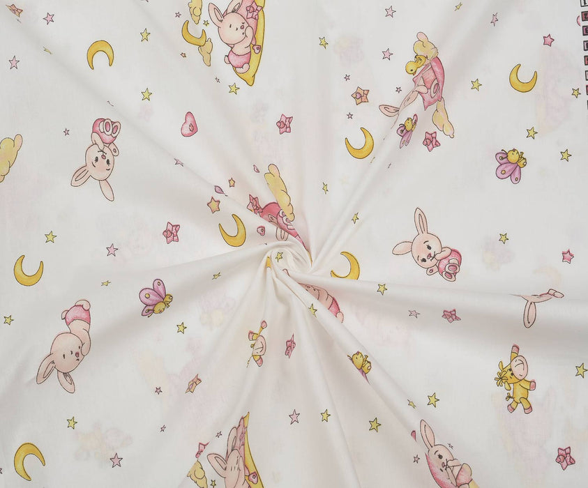 SEVİMLİ UYKUCU TAVŞAN DESENLİ POPLİN KUMAŞ - PEMBE