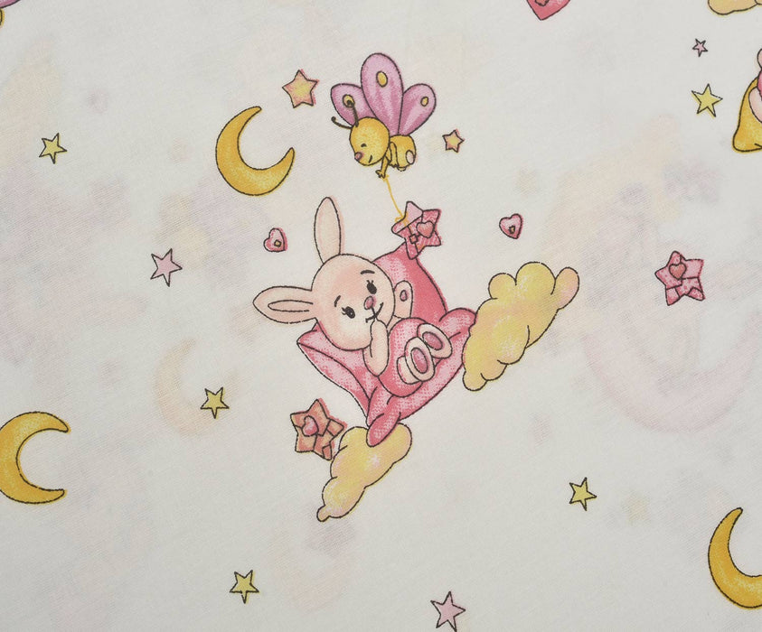 SEVİMLİ UYKUCU TAVŞAN DESENLİ POPLİN KUMAŞ - PEMBE