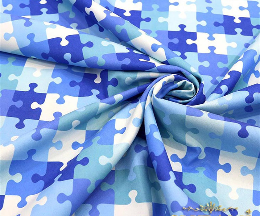 PUZZLE BAKLAVA DESENLİ DİJİTAL BASKI KUMAŞ - MAVİ