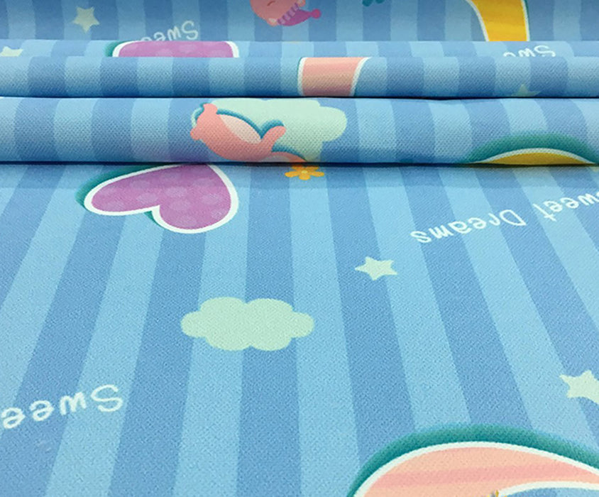ÇİZGİLİ AYICIKLI DİJİTAL BASKI BEBEK KUMAŞI - MAVİ
