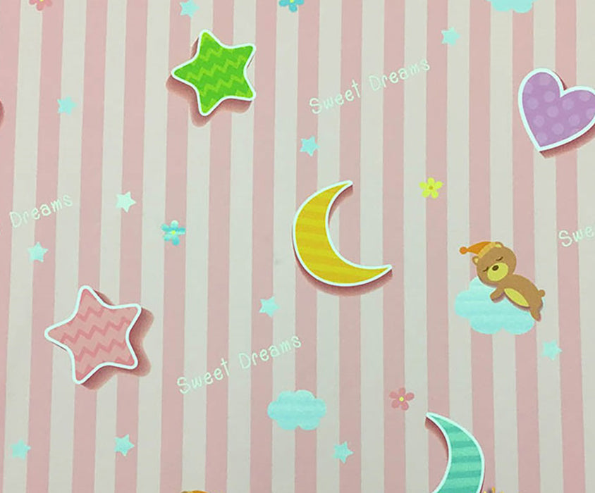 ÇİZGİLİ AYICIKLI DİJİTAL BASKI BEBEK KUMAŞI - PEMBE