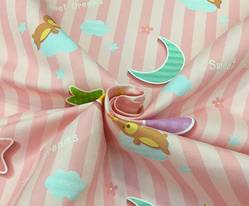 ÇİZGİLİ AYICIKLI DİJİTAL BASKI BEBEK KUMAŞI - PEMBE