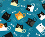 KEDİ DESENLİ DİJİTAL BASKI ÇOCUK ODASI KUMAŞI - TURKUAZ