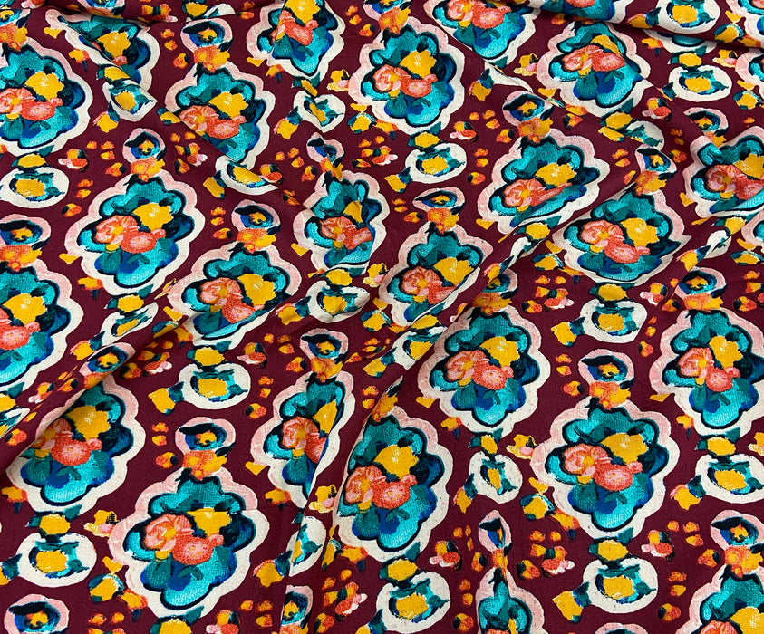 ÇİÇEK DESENLİ VİSKON KUMAŞ - BORDO