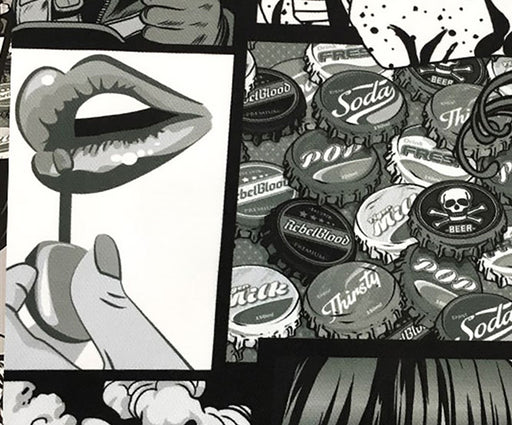 POP ART DESENLİ DİJİTAL BASKI KUMAŞ - SİYAH