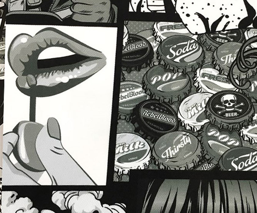 POP ART DESENLİ DİJİTAL BASKI KUMAŞ - SİYAH