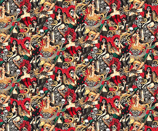 POP ART İSPANYOL KURUKAFA DİJİTAL BASKI KUMAŞ - KIRMIZI