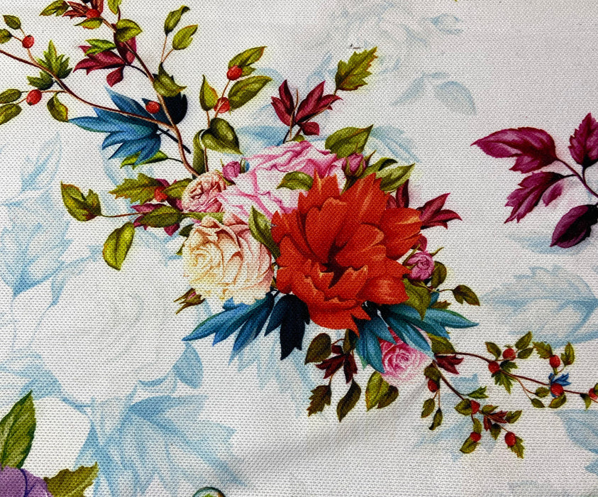 ÇİÇEK VE KUŞ DESENLİ DİJİTAL BASKI KUMAŞ - BEYAZ