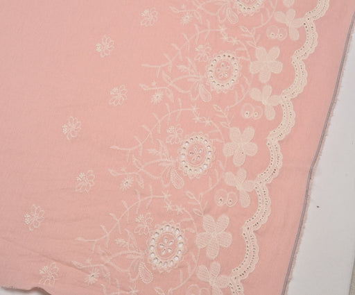 İŞLEMELİ KETEN BRODE KUMAŞ - PEMBE