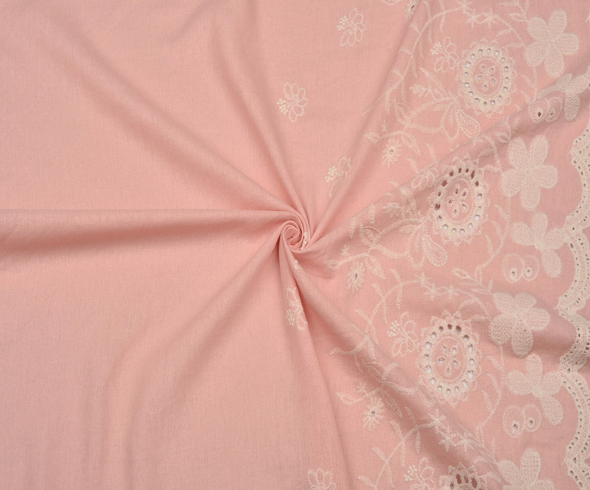 İŞLEMELİ KETEN BRODE KUMAŞ - PEMBE