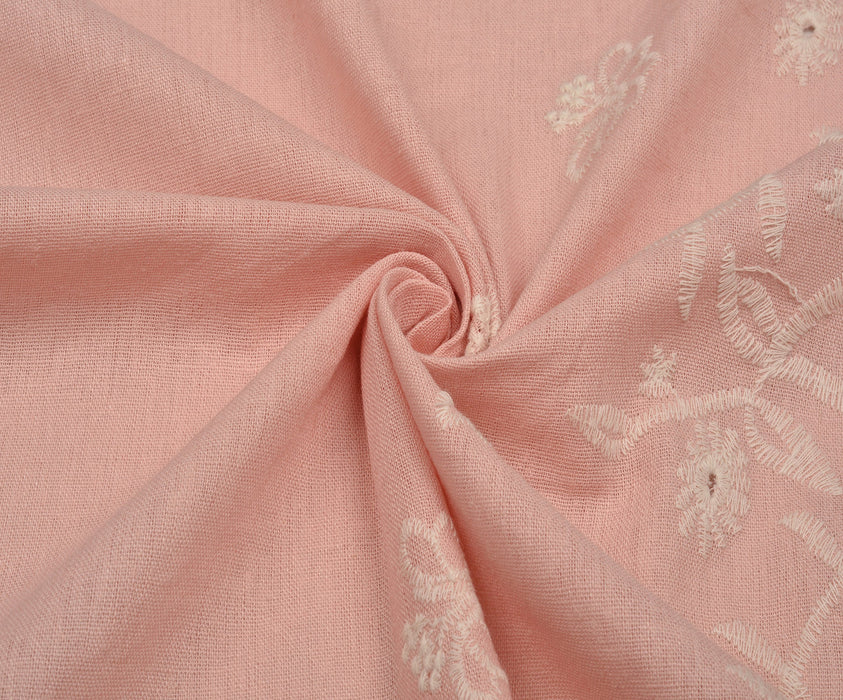 İŞLEMELİ KETEN BRODE KUMAŞ - PEMBE