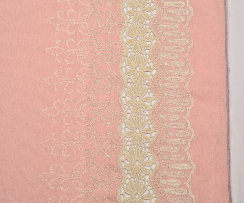 İŞLEMELİ KETEN BRODE KUMAŞ - PEMBE