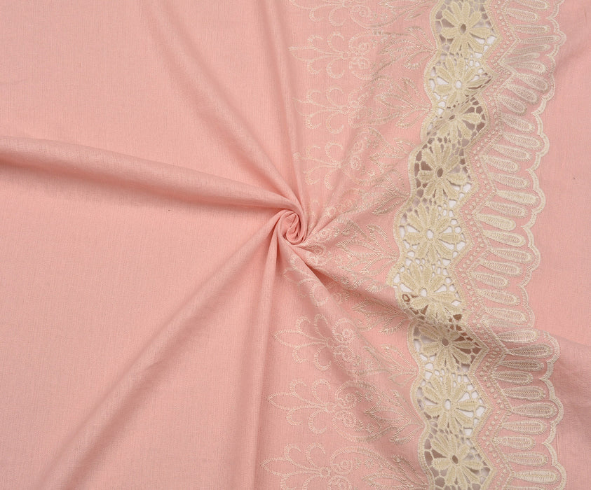 İŞLEMELİ KETEN BRODE KUMAŞ - PEMBE