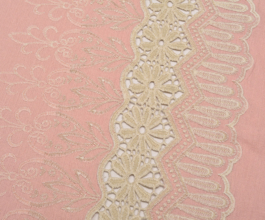 İŞLEMELİ KETEN BRODE KUMAŞ - PEMBE