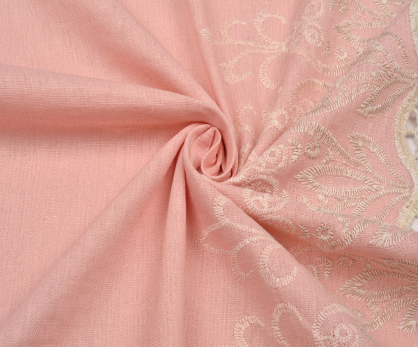 İŞLEMELİ KETEN BRODE KUMAŞ - PEMBE