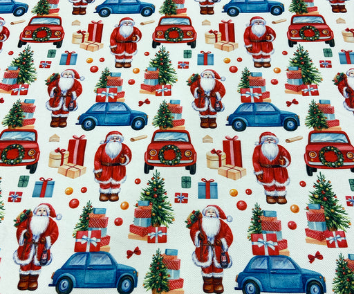 YILBAŞI NOEL BABA VE ARABALAR DİJİTAL BASKI KUMAŞ - BEYAZ