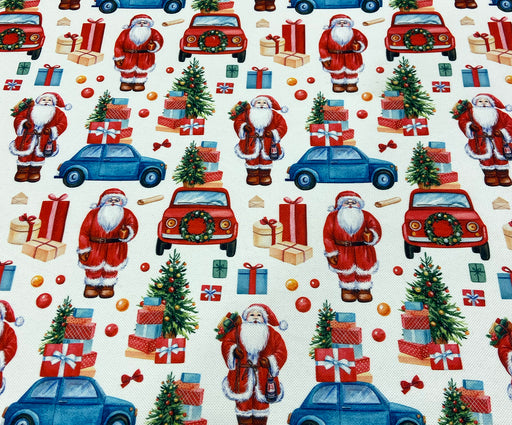 YILBAŞI NOEL BABA VE ARABALAR DİJİTAL BASKI KUMAŞ - BEYAZ