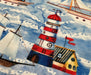GEMİ VE DENİZ FENERİ DİJİTAL BASKI KUMAŞ - MAVİ