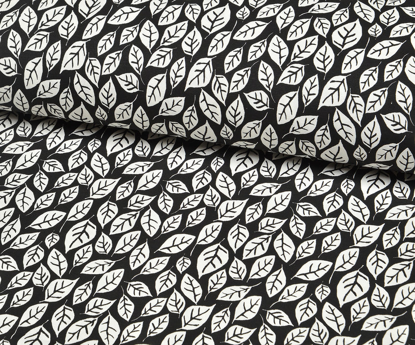 LEAF PATTERNED DUCK LINEN FABRIC - BLACK