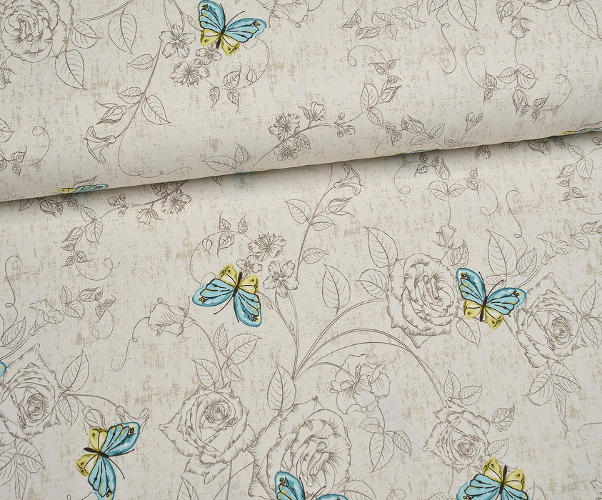 BUTTERFLY ROSES DUCK LINEN FABRIC - BLUE