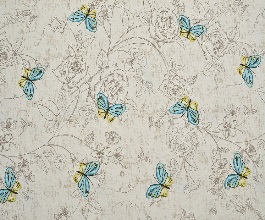 BUTTERFLY ROSES DUCK LINEN FABRIC - BLUE