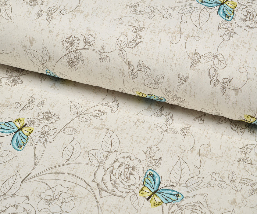 BUTTERFLY ROSES DUCK LINEN FABRIC - BLUE