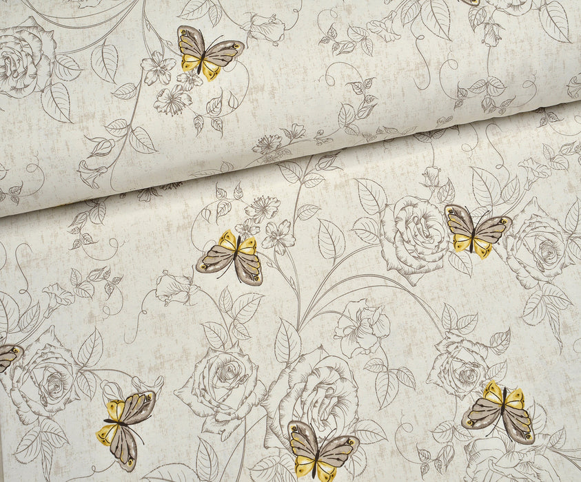 BUTTERFLY ROSES DUCK LINEN FABRIC - BEIGE