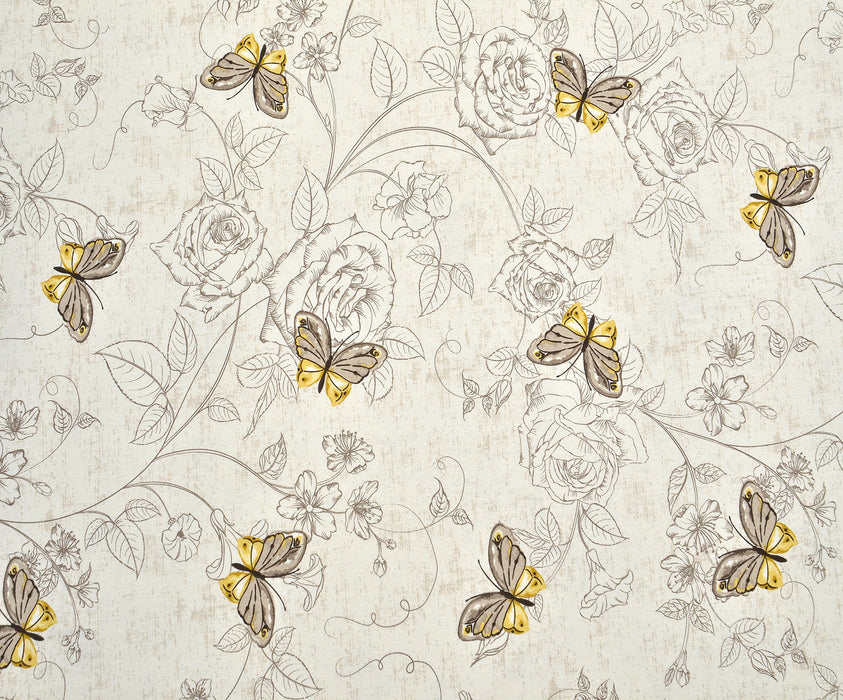 BUTTERFLY ROSES DUCK LINEN FABRIC - BEIGE