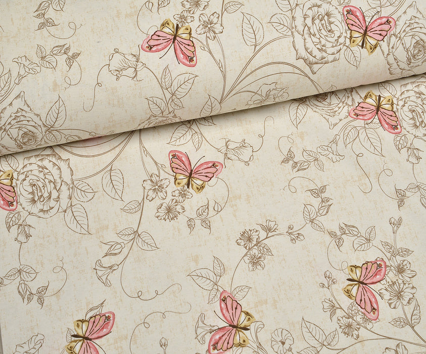 BUTTERFLY ROSES DUCK LINEN FABRIC - PINK