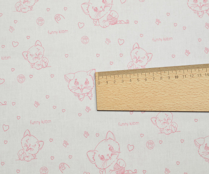 SEVİMLİ KEDİ DESENLİ POPLİN KUMAŞ - PEMBE