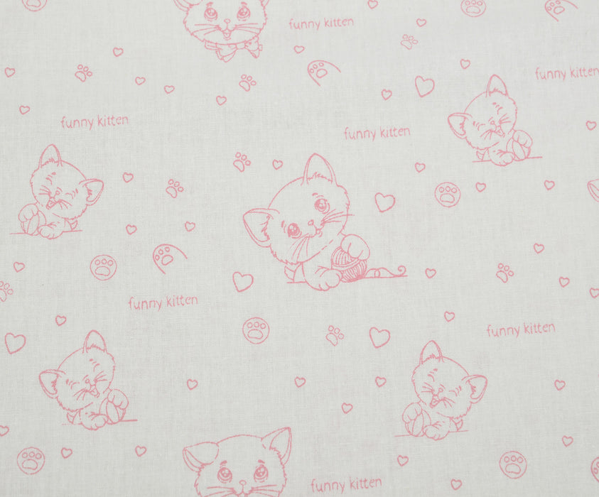 SEVİMLİ KEDİ DESENLİ POPLİN KUMAŞ - PEMBE