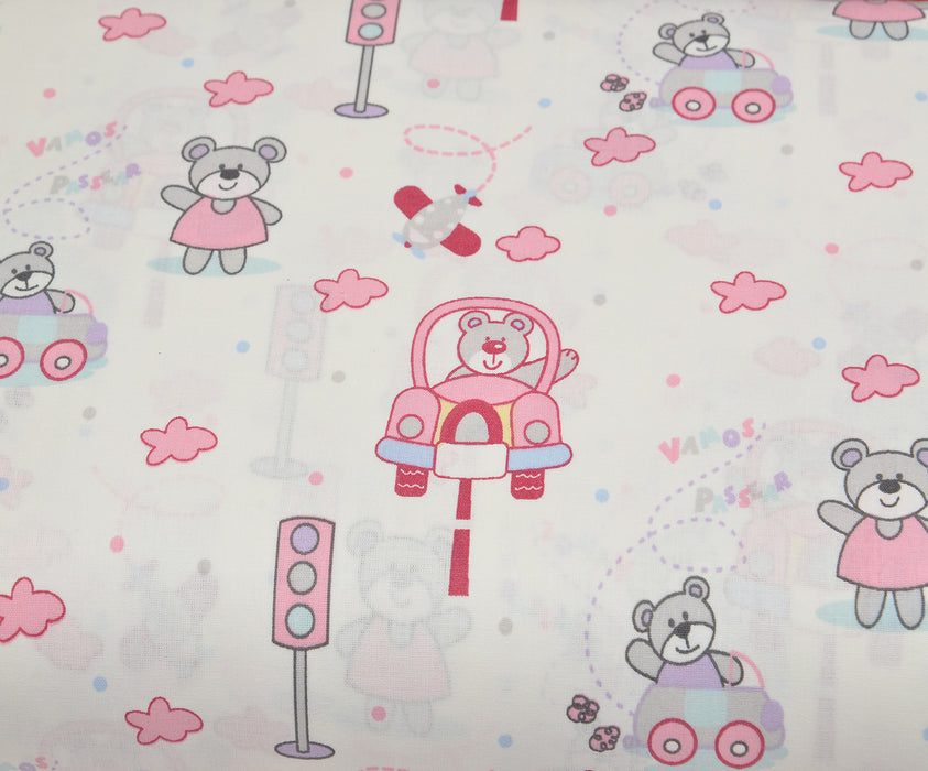 SEVİMLİ AYICIK DESENLİ POPLİN KUMAŞ - PEMBE