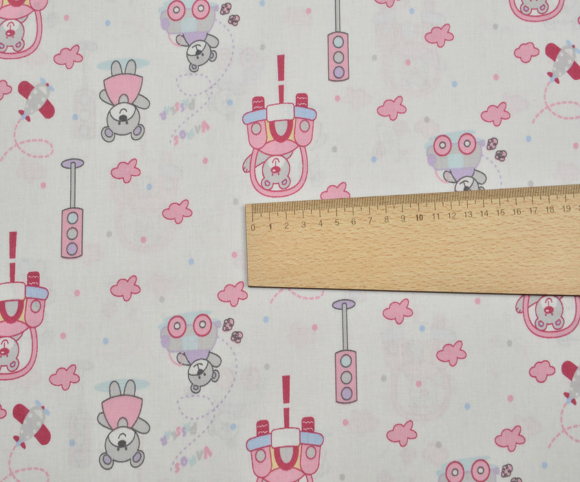 SEVİMLİ AYICIK DESENLİ POPLİN KUMAŞ - PEMBE
