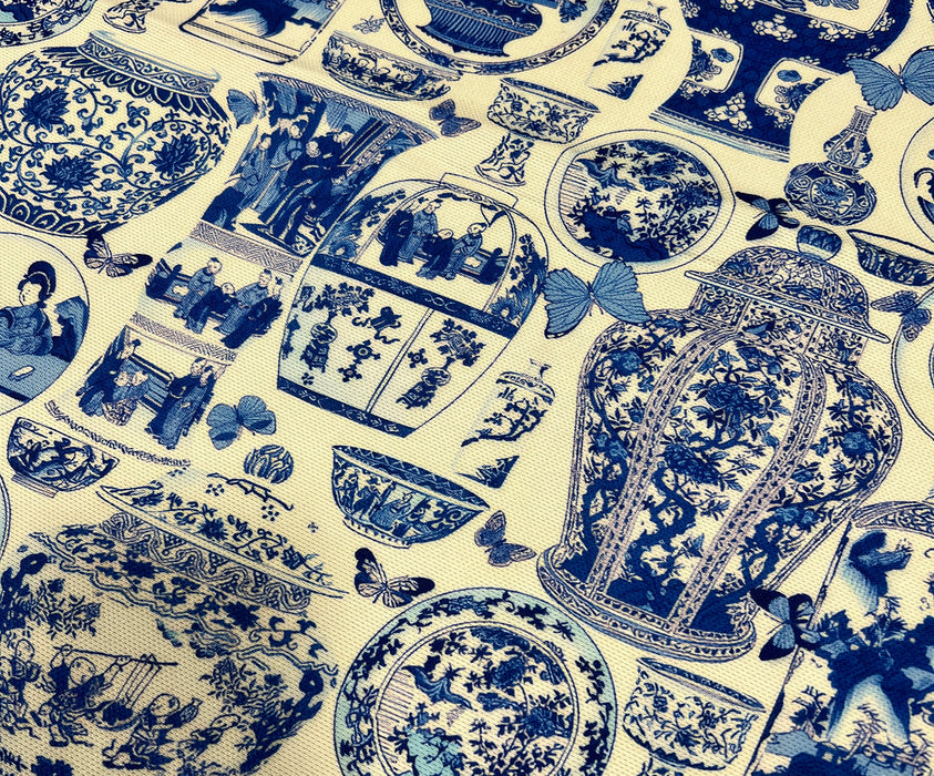 BLUE BLANC VAZOLAR DESENLİ  DİJİTAL BASKI KUMAŞ - MAVİ