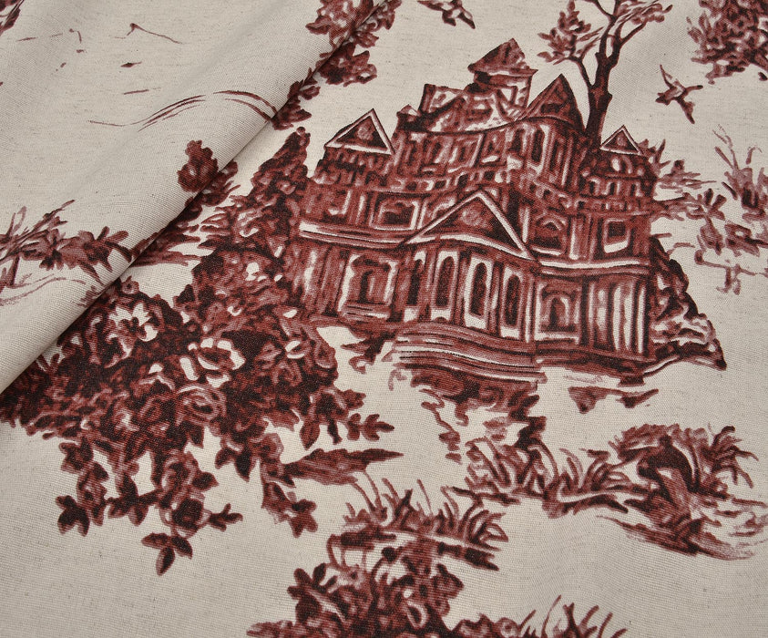 EV DESENLİ KETEN KUMAŞ - BORDO