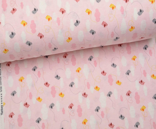 FLANEL BULUT VE MİNİK KUŞLU PAZEN KUMAŞ - PEMBE
