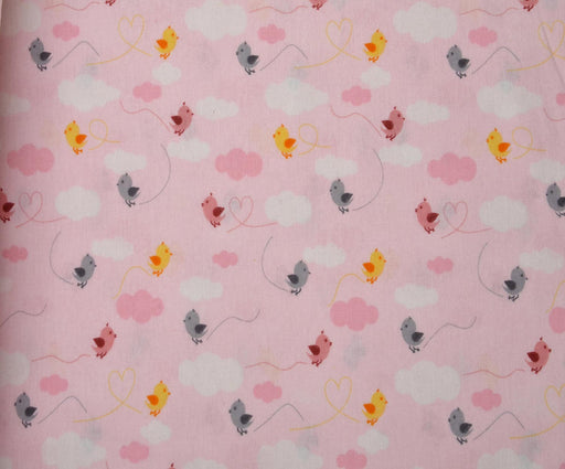 FLANEL BULUT VE MİNİK KUŞLU PAZEN KUMAŞ - PEMBE