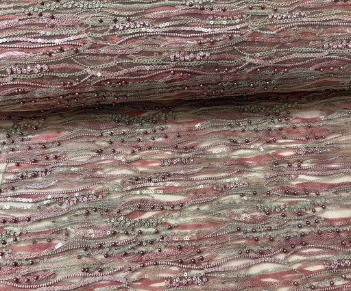 İŞLEMELİ BONCUK DETAYLI ABİYE KUMAŞ - PEMBE